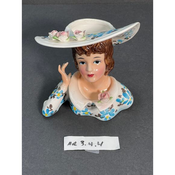 Vtg Lefton Lady Head Vase Planter 1343B Southern Belle Handpainted Big Hat MCM - Picture 9 of 9